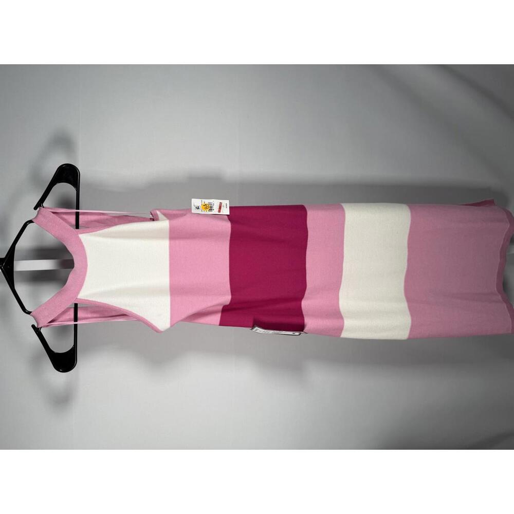 NWT Bebe Women's Midi Dress Pink White Striped Halter Neck New with Tags Size L - Picture 2 of 6